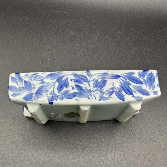 Vintage Pier 1 Imports Blue White Ceramic Catchall Tray 6" Floral Stripe Planter - Picture 5 of 7
